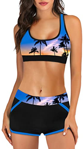 Genérico Traje de baño de Mujer de Dos Piezas Push Up Floral Halter Tankini Set con Shorts Bikini de Traje de baño Deportivo de Cintura Alta para el Mar Playa Piscina Fiesta Vacaciones 2025