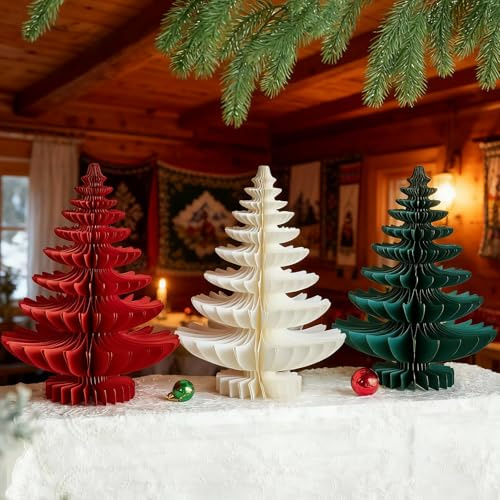 SUNBEAUTY Albero di Natale in carta a nido d'ape, 3D, 3D, con attacco magnetico, decorazione per Natale, inverno, Capodanno, feste, vacanze, casa, 3 pezzi