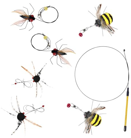 iuiiaii 7Pcs Cat Feather Teaser Toy, Interactive Cat Catcher and Exerciser Wand Set With 6 Pcs Replacement Insect Feathers Refill, Feather Toys with Bell for Cats and Kitten