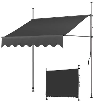 Infällbar manuell markis med handvev – vikbar uteplatsmarkis i flera storlekar för balkong och trädgård – mörkgrå ingen stansning krävs (150 x 120 x 200 – 300 cm)