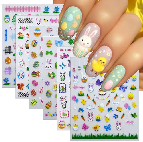 WEIXIWUYU - 6 feuilles d'autocollants à ongles de Pâques scintillants, autocollants à ongles œufs de Pâques-lapins, accessoires de nail art œufs de poule 3D auto-adhésifs mignons