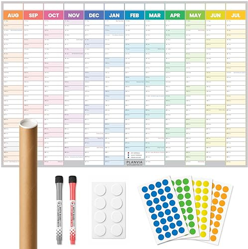 Academic Year Wall Planner 2026-2027 Large A1 UK Calendar 87 x 58cm Laminated Erasable Rolled No Creases Yearly Wall Chart With Pens, Adhesive Pads & Coloured Stickers for Home & Office by Planvia