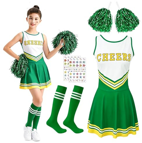 Fancysky Cheerleader Costume Bambina, Vestito Cheerleader Bambina Ragazza Divise Abito, Bambini Cheerleading Outfit con Pompon Calcetines y 2 Adesivi, Carnevale Halloween Cosplay (4, Verde, 150)