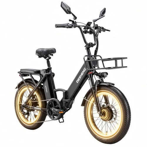 DESHENG D20PRO adult electric bicycle is equipped with single and dual 36V 20A/42.4AhH removable batteries, 20 x 3.0 wide tires, and hydraulic brakes (Black, Single battery 36V 20AH)