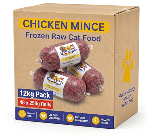 Truepaws Raw Cat Food – Frozen Raw Chicken Mince for Cats, Natural BARF Diet, 48 x 250g Chubs, 12kg Box, Grain-Free, Single Protein, DEFRA-Approved UK, Chicken Flavor