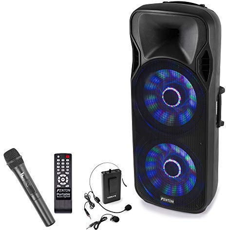 Fenton FT215LED Portable PA Speaker System 1600W with Double 15-inch Woofers, Bluetooth, USB MP3, Wireless Handheld & Bodypack Microphones, Battery Powered PA for Karaoke & Events
