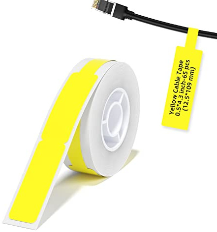 Label Maker Tape for NIIMBOT D11/D110/D101, Cable Label Sticker, Waterproof Tear Proof Thermal Paper 0.5x4.3 (12.5x74mm),65 Per Roll(Yellow)