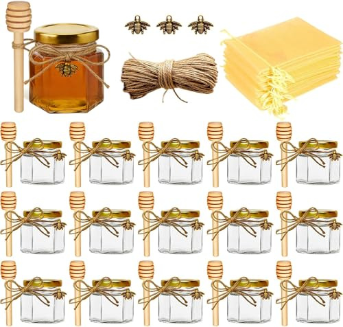 Adabocute Honey Pot, Mini Glass Honey Jars with Wood Dipper, Gold Lid, Bee Charms, Gold Organza Bags, Thank-you Tags, Ideal for Baby Showers Wedding Favors Party Favors, 2oz 15 Pack
