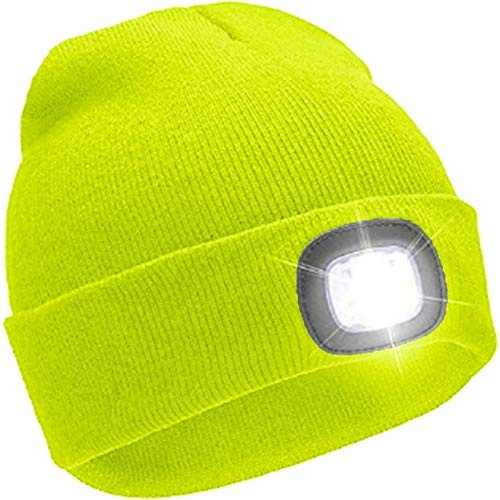 JMC Childrens NEON Yellow Knitted Beanie HAT with Fitted LED Light (6-9 Years)
