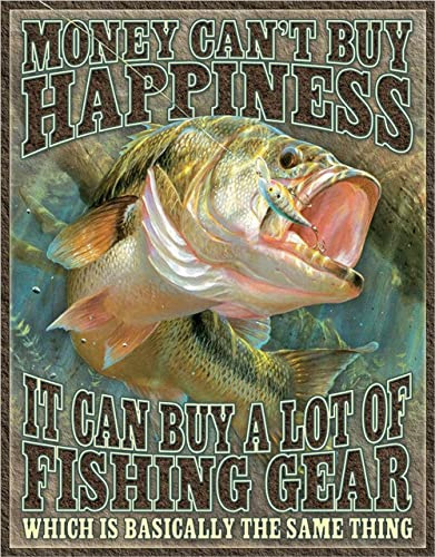 Desperate Enterprises Money Can't Buy Happiness - Fishing Tin Sign - Nostalgic Vintage Metal Wall Decor - Made in USA