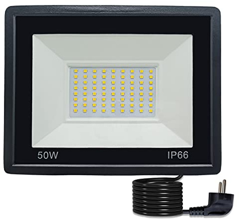 Projecteur Exterieur led 50W Spot led Extérieur avec prise mâle IP66 Etanche Eclairage de Sécurité avec 3m câble, Super lumineux Lumières d'inondation pour Jardin Patio Garage, Blanc chaud 3000K