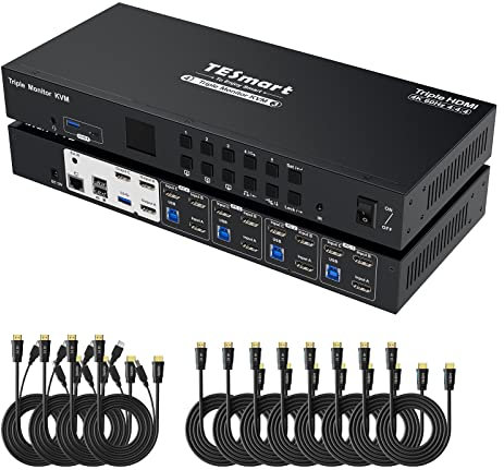 TESmart USB 3.0 HDMI KVM Switch 4 PC 3 Monitore, 4K@60Hz KVM Umschalter mit EDID Emulator, Hotkey-Schaltung, Mikrofon-Audioausgang, LAN, USB-C, IR, 4 Port HDMI KVM-Switch Inklusive 12 Anschlusskabel