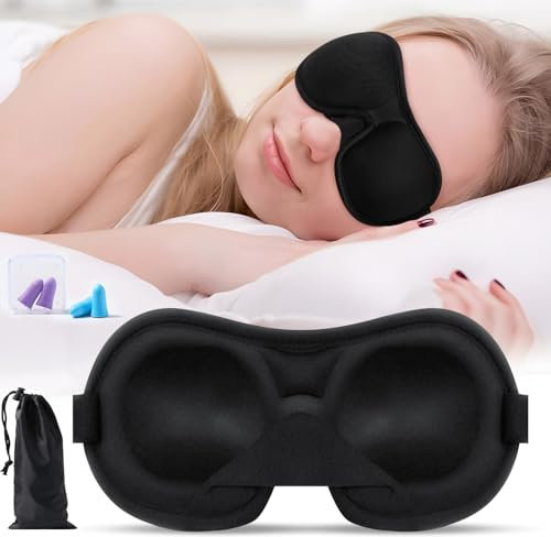 Brencco Masque de Nuit, 2 Pairs Bouchon d'Oreille, Masque de Sommeil 3D Masque de Voyage Anti-lumière Cache Yeux pour Dormir Réglable pour Homme Femme Yoga
