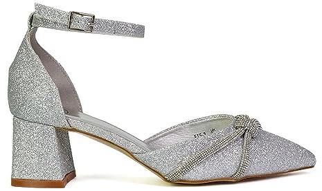 Womens Wedding Shoes Block Low Heel Ladies Ankle Strap Pointed Toe Sparkly Diamante Trim Silver Bridal Evening Party Court Shoes 5
