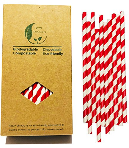 Red Party Paper Straws, 100 pcs Disposable Red Striped Paper Straws for Drinking, Wedding and Christmas (7.75 inch)