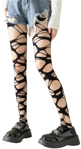 ThiCc Gothic Punk Damen Zerrissene Strumpfhose Y2K Style Zerfetzte Strumpfhose Für Fashionistas Perforierte Strümpfe Mit Aushöhl-Design Edle Damenstrumpfhose (Schwarz,F)