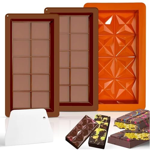 Audasi 3Pcs Stampi Per Tavolette Di Cioccolato In Silicone Antiaderente Riutilizzabile Fai Da Te Cottura Stampi Per Cioccolato A Forma Di Diamante E Quadrato Stampi Con Raschietto Da Banco