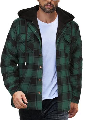 COOFANDY Herren Hemdjacke Holzfäller Jacke Gefüttert Kapuzenjacke Winterhemd Flanell Jacke Freizeithemd Karo Hemd Arbeitshemd mit Kapuze Hoodie Hoodie Dunkelgrün M