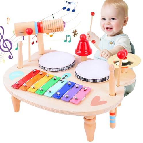 YGJT Schlagzeug Kinder, Trommel 10-in-1 Musikinstrumente Kinder ab 1 2 3 Jahre mit Xylophon, Montessori Baby Spielzeug Kinderspielzeug Holzspielzeug für Ostern Weihnacht Geschenk Junge Mädchen