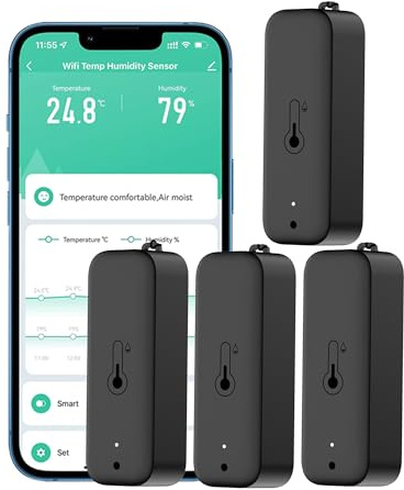 Termómetro higrómetro inteligente: resistente al agua, sensor de humedad y temperatura con notificación de alarma por aplicación, sensor WiFi para interiores y exteriores, fit con Alexa (Black,4PCS)