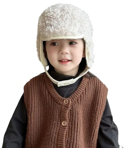 Baby vinter öronlapp mössa barn lammull fångarhatt fleece fodrad utomhus skalle skidmössa vindtät vinter varm öronklaffar hatt termisk mössa med hakrem för pojkar flickor 3-6 år gammal, BEIgE, 3-6