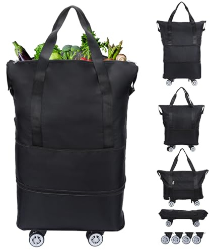 LKbeuuu Reusable Grocery Bag on Wheels Shopping Bag with Wheels, Detachable Roller Tote Bag, Luggage Bag, used for Shopping, Camping, Traveling, Giving Gifts to Friends, Large Capacity, Black