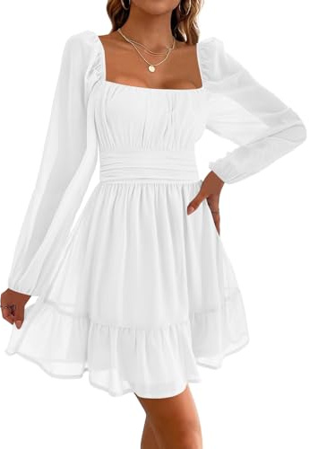 Imily Bela Abiti da donna con scollo quadrato, abito da festa in rete, mini abito a vita alta con pieghe, a maniche lunghe, da invitata a nozze con volant, bianco, M