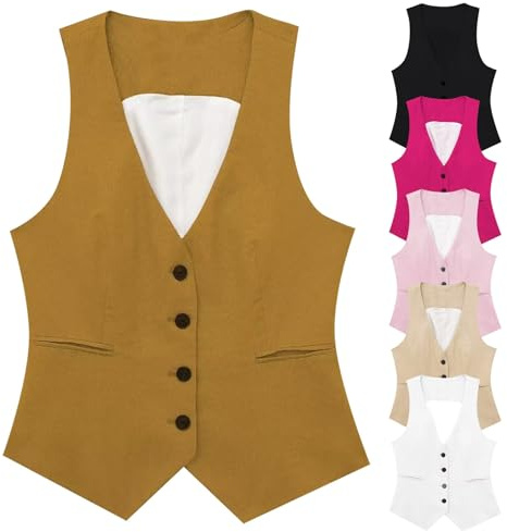 Gilet d'été léger et élégant pour femme - Gilet d'été traditionnel sans manches - Veste en lin avec boutons - Veste d'été légère - Grandes tailles - Gilet en lin - Veste de costume, jaune, M