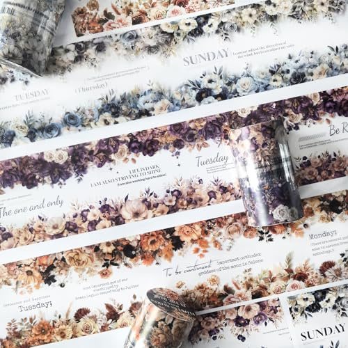Ta Merry Scrapbook Accesorios Flores Pegatinas 3 Rollos PET Washi Tape Pegatinas Decoración para Bullet Journal Sticker,Álbumes,Bloc de Notas Decoraciones,Accesorios de diario (flores de noche oscura