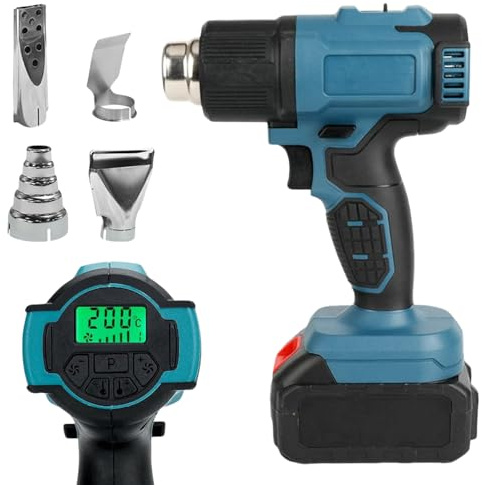 Pistola de aire caliente con batería para Bosch de 18 V, 50-550 °C, con pantalla LCD y 4 boquillas de acero inoxidable, temperatura ajustable y control de aire, pistola de aire caliente para encoger