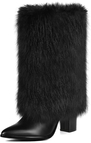 QLR Womens 3.3-inch Chunky Mid Calf Fur Heel Boots Furry Fuzzy Fluffy Pointed Toe Boots for Women Short Wide Calf Fall Winter Snow Fold Over Boot with Side Zipper