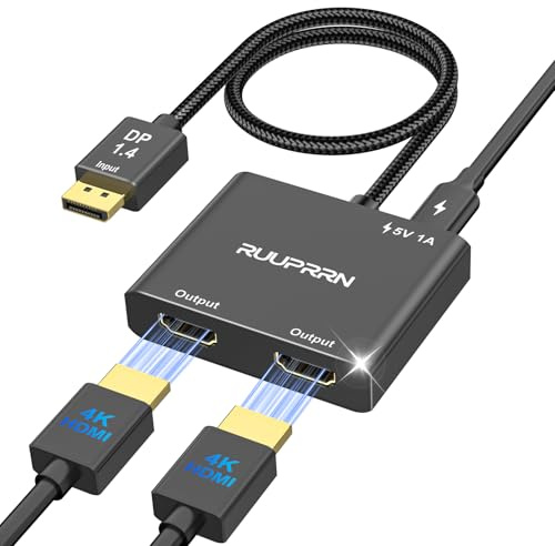 RUUPRRN 4K@60Hz DisplayPort to Dual HDMI Adapter, DP 1.4 Source to HDMI 2.0 Splitter for Dual Monitors, Display Port to HDMI Splitter 1 in 2 Out Extended Display, for PC,NVIDIA, AMD Graphic Card