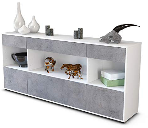 Stil.Zeit Sideboard Fabiana, Korpus Weiss matt, Front Industrie-Design Beton (180x79x35cm) Push-to-Open Technik & Leichtlaufschienen