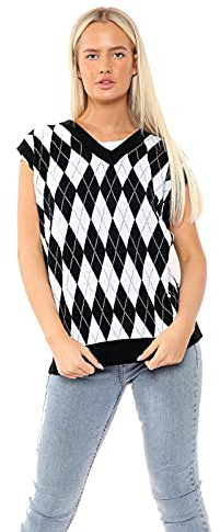 Women's Diamond Print Knitted Vest Tank Top V Neck Sleeveless Pullover Jumper Acrylic Sweater Vest UK Size 8-22