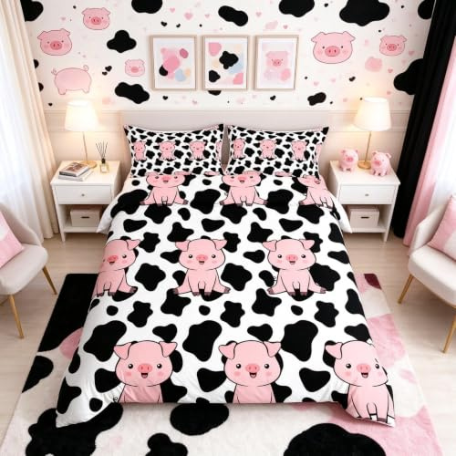 Loussiesd Pig Duvet Cover Kids Cute Pink Pig Bedding & Linen Black White Cow Bedding Set Boys Girls Cartoon Farm Animal Bedding & Linen Ultra Soft Single Size Zipper