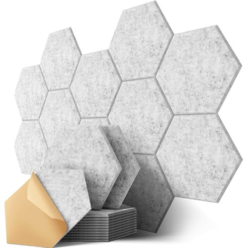 Hexagon Akustikplatten, 12 Stück Schallabsorber für Tonstudio, Wohnzimmer, Gaming Deko, Kinderzimmer, Buero, Wand, Decken, Türen Akustikpaneele Selbstklebend, 30 x 26 x 0,9cm, Grau
