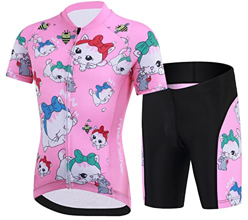 Amur Leopard Kinder Radtrikot Set Jungen Radsport Bekleidung Mädchen Fahrrad Trikot Kurzarm & Kurz Radhose mit Sitzpolster, Rosa-Katze, 122-128 (Etikettgröße: L)