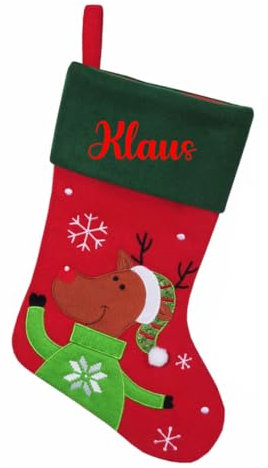 minimutz Nikolausstrumpf mit Namen Kinder - personalisierter Weihnachtsstrumpf zum Aufhängen & Befüllen - Nikolausstiefel grün rot 45cm Rentier
