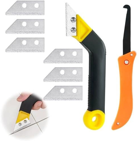 flintronic Industry Rasquetas, Rasquetas Set con 11 Cuchillas de Acero Al Carbono 100 mm, Agarre Suave asa Larga Raspador para ventana de vidrio, Granito1 (Rascador Juntas Azulejo)