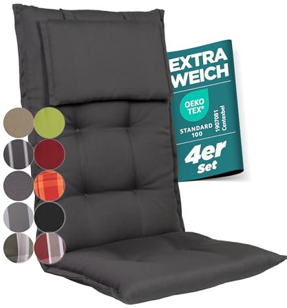 gardisun Gartenstuhlauflagen Hochlehner mit Kopfteil I Extra Dicke Sitzauflagen I Made in EU I Ideale Polsterauflagen für Hochlehner I Auflagen mit extra hoher Lichtechtheit I 4er Set I Anthrazit