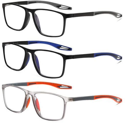 Fsread 3 Pack TR90 Sports Reading Glasses for Men Blue Light Blocking With Spring Hinges Rectangle Lightweight Flexible and Trendy Design Anti UV/Eyestrain/Glare Computer Readers +2.0
