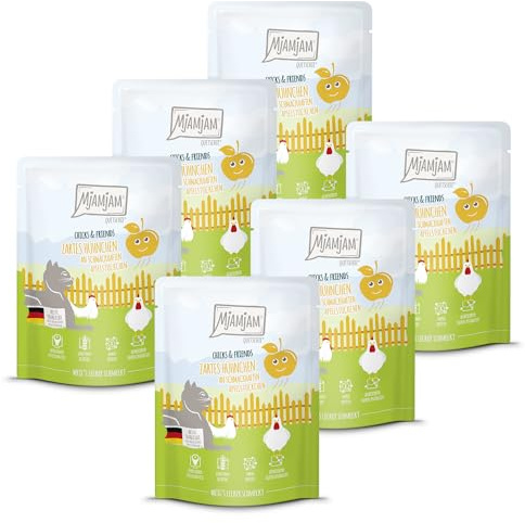 MjAMjAM - Premium Nourriture Humide pour Chats - Quetschie - Chicks & Friends Poulet Tendre aux Savoureux Morceaux de Pomme, Paquet de 6 (6 x 300g), sans céréales