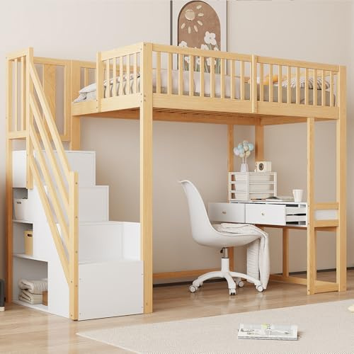 Merax Lit Mezzanine 90 x 200 cm avec Bureau, Multifonctionnel Lit Mezzanine 1 Place avec Escaliers de Rangement, Blanc et Bois (sans Matelas)