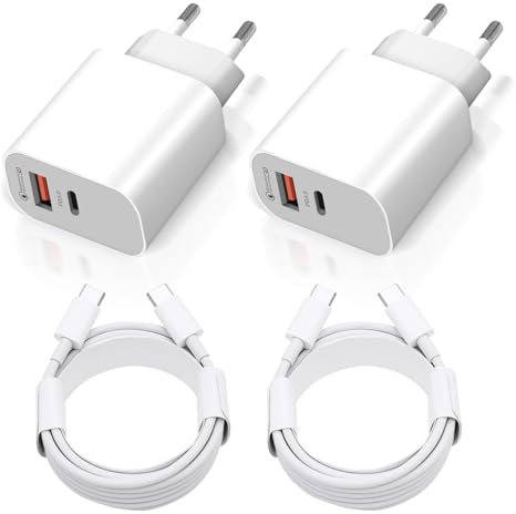 2 Pezzi Caricatore USB C, 20W Presa con 2 Pezzi 1.5m Cavo Compatibile con iPhone 15/iPhone 15 Plus/iPhone 15 Pro/iPhone 15 Pro Max/iPad e altro, Caricabatterie Rapido Alimentatore Presa Carica