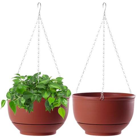 EACHPT Blumenampel Hängend Innen Außen, Hängeblumentöpfe 23cm 2 Stück Hängetopf für Pflanzen,für draußen mit Drainagelöchern und Abnehmbarem Untersetzer Hängende Pflanzgefäße für Decken Balkone
