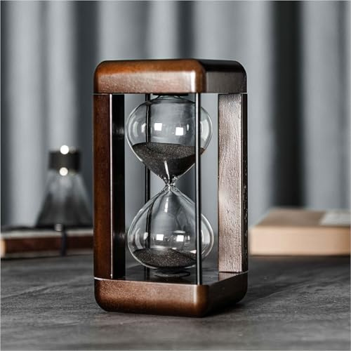 ELAINESTORE Clessidra con clessidra, 60 minuti, telaio in legno e metallo, decorazione per ufficio, yoga, casa (colore sabbia nera, di grandi dimensioni)