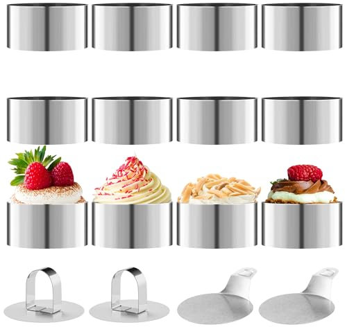 Stampo da dessert a 16 pezzi, tra cui 12 anelli di torta (8 cm di diametro), 2 staffe inferiori e 2 coperchi, Coppapasta tondi è adatto per mousse, torte, dessert, modellatura della pasticceria