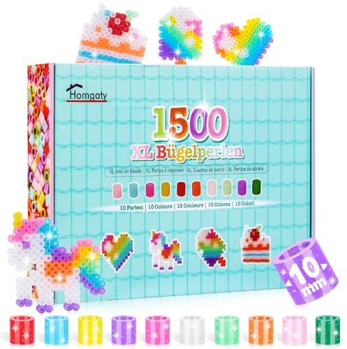 Homgaty 10mm Große Bügelperlen Glitter - 1500 Stück XL Steckperlen Nachfüllset mit Steckplatten und Bügelpapier, 10 Pastell Farben, Kreatives Perlenset für Kinder ab 3 Jahren
