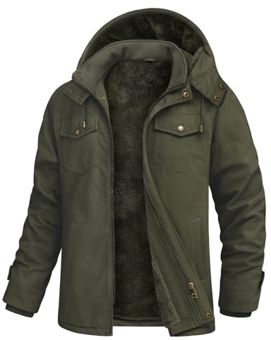 Xnova Mens Winter Parka Jackets Warm Fleece Lined Cotton Cargo Coats with Removable Hooded Zip Up Military Jacket Windbreaker Outerwear for Outdoor Work, Army Green, L