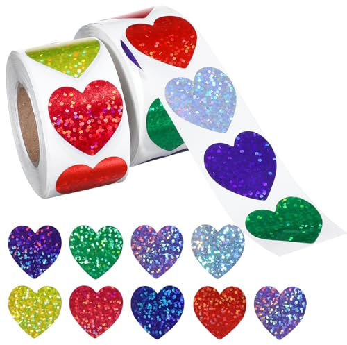 Classicseali 1000pcs Love Heart Stickers, Sparkly Heart Stickers for Kids Reward, 1 Inch Self Adhesive Colorful Foil Love Sticker for Birthday Party Decoration, Valentine, Wedding, Classroom (2Rolls)